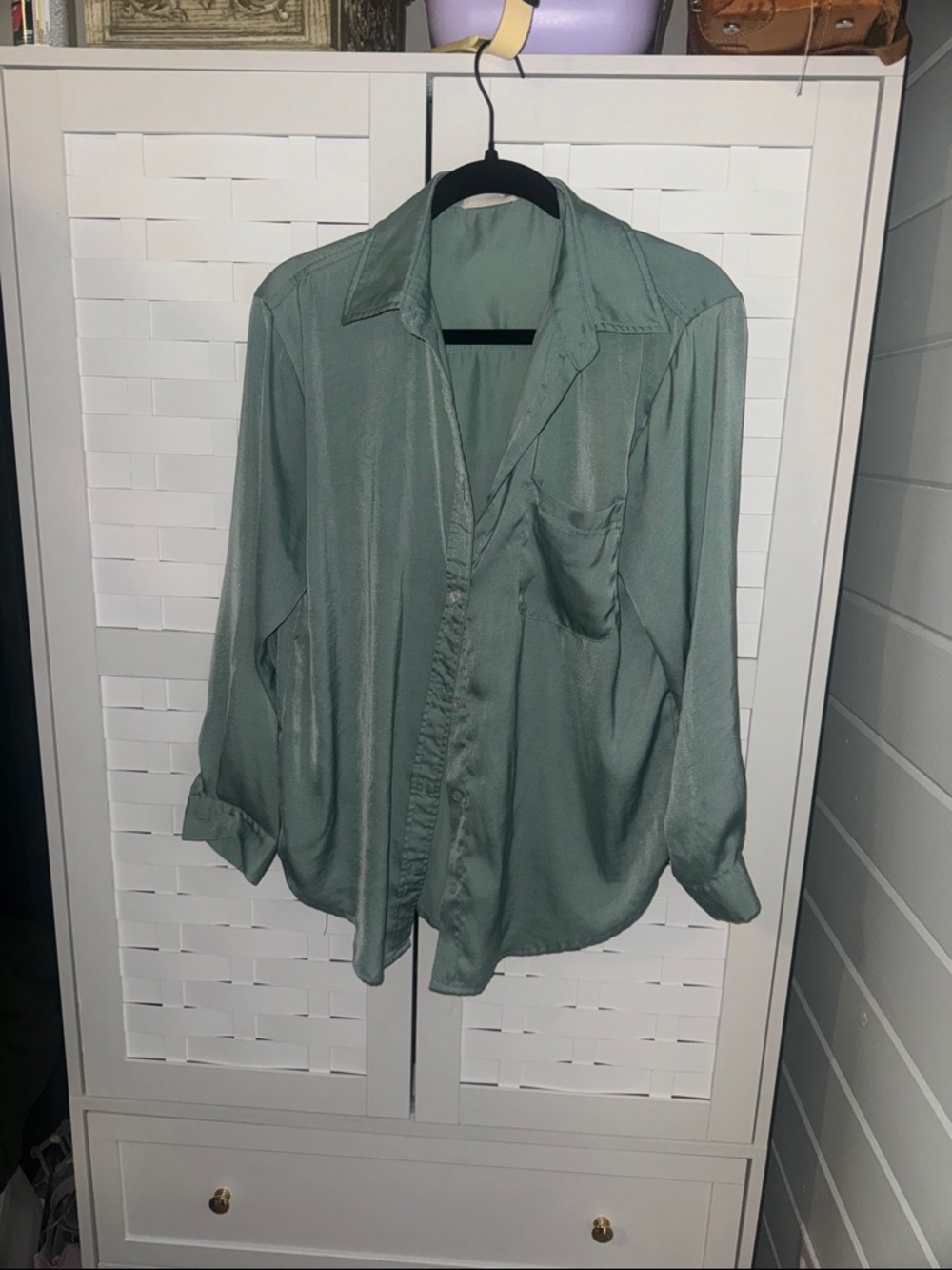 Altar'd State Sage Green Silk-Look Button Down Blouse